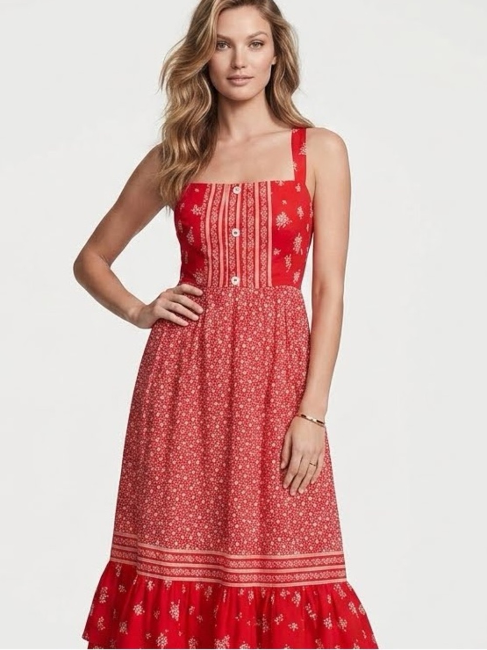 VTG 100% Cotton Union Tag Red/White Boho Cottagecore Midi Sundress S M sz 7-8